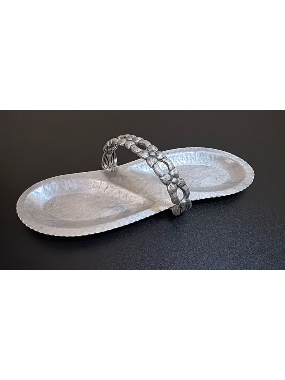 Vintage Hand-wrought Aluminum Serving Tray-Floral Handle